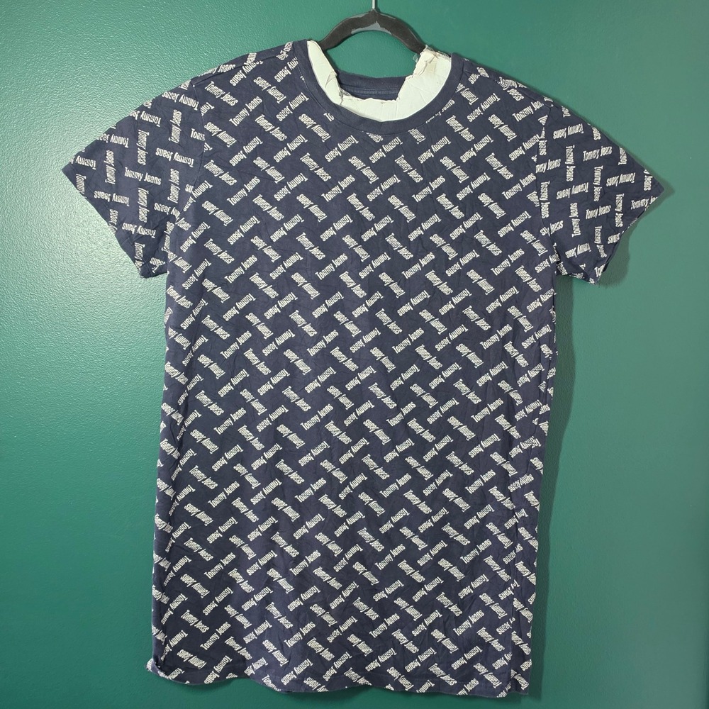Tommy Jeans Mens XL Navy Blue All Over Logo Print Short Sleeve T-Shirt